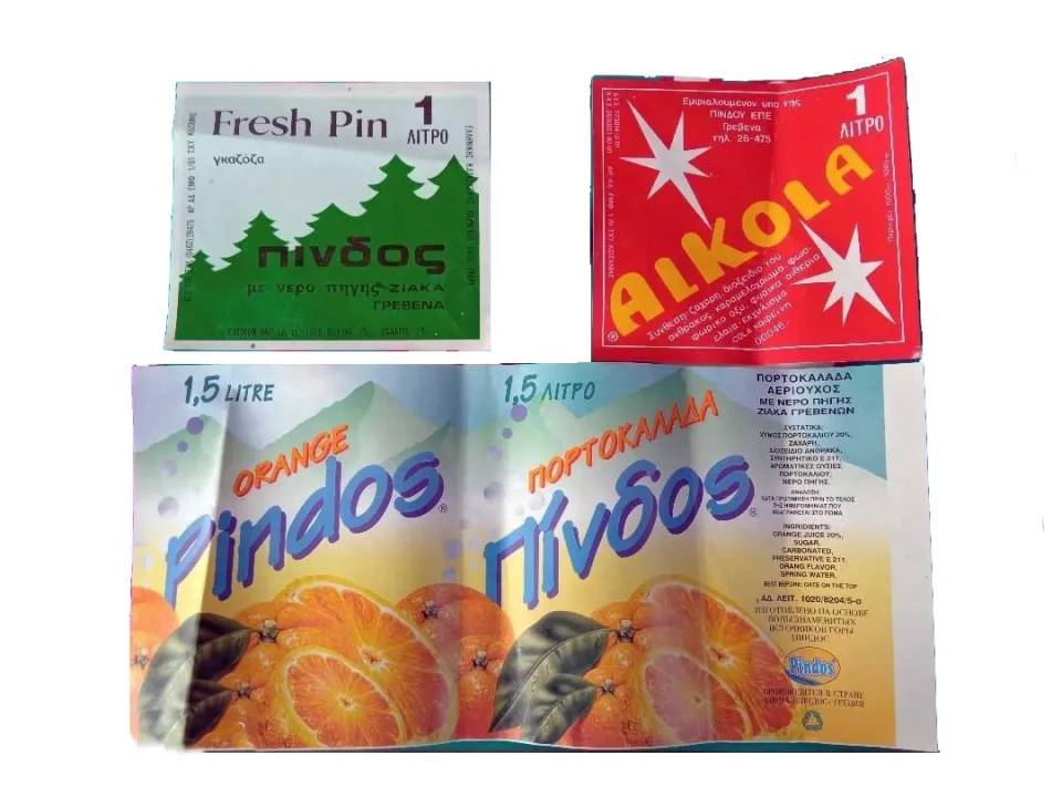 Ετικέτες αναψυκτικών «Πίνδος», «Fresh Pin» και «Αϊκόλα»