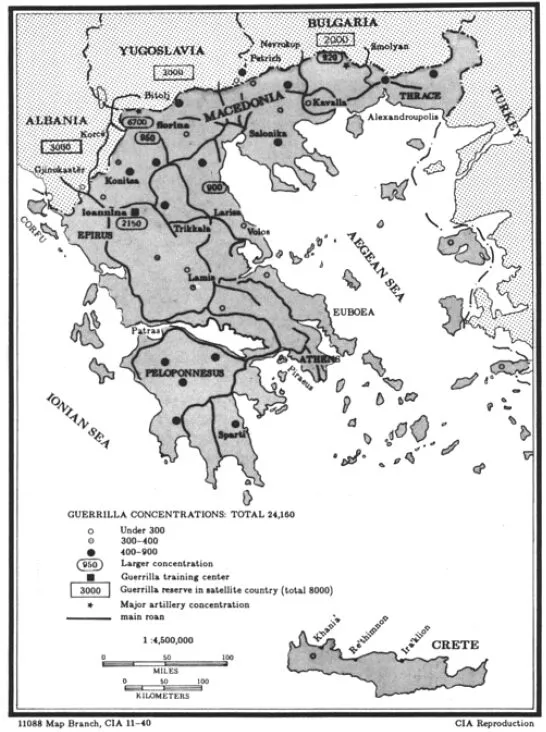Χάρτης της CIA του 1948 με τις συγκεντρώσεις ανταρτών στην Ελλάδα