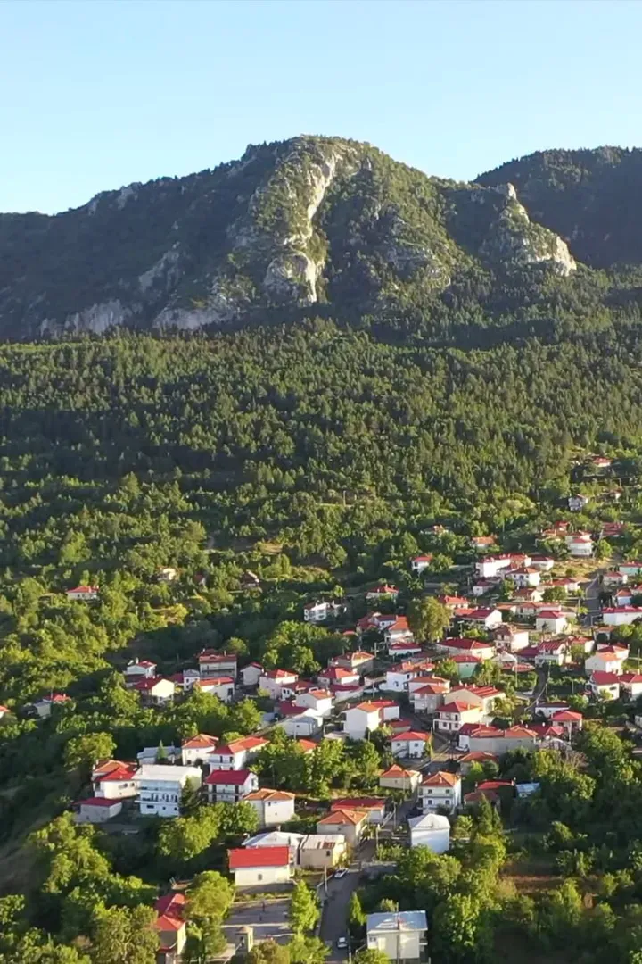 Αεροφωτογραφία του Ζιάκα με τις κόκκινες στέγες, με τον Όρλιακα πίσω